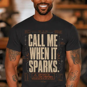 Call Me When It Sparks Graphic Tee — Vintage Industrial Spark Design — dark-grey t-shirt, model photo | Pressure Tested Co