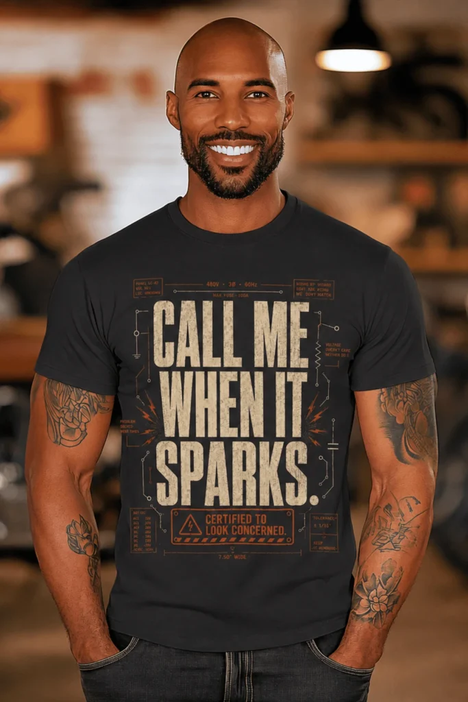 Call Me When It Sparks Graphic Tee — Vintage Industrial Spark Design — dark-grey t-shirt, model photo | Pressure Tested Co