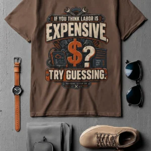 Sarcastic T-Shirt — "If You Think Labor Is Expensive, Try Guessing" Vintage Trades Tee — espresso t-shirt, flat-lay product photo | Pressure Tested Co