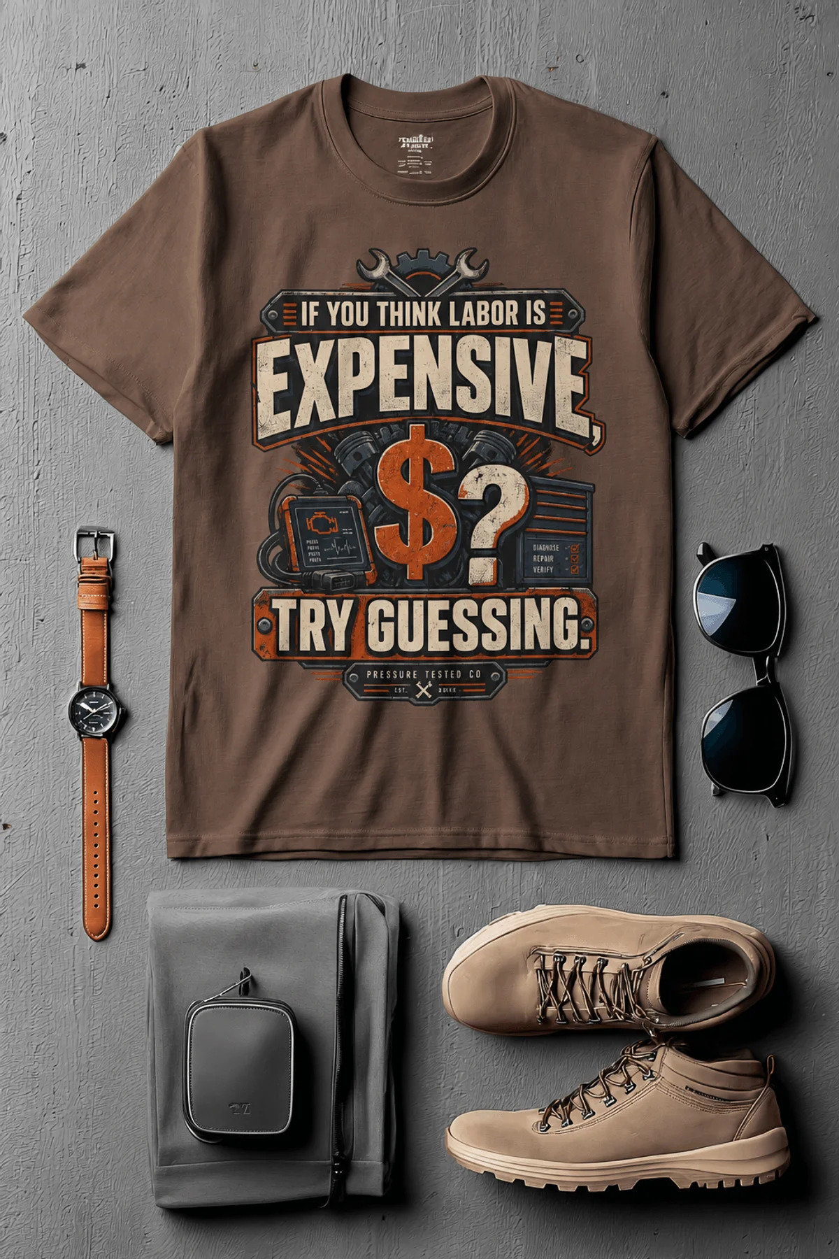 Sarcastic T-Shirt — "If You Think Labor Is Expensive, Try Guessing" Vintage Trades Tee — espresso t-shirt, flat-lay product photo | Pressure Tested Co