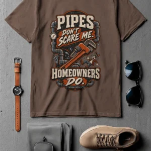 Plumber Humor T-Shirt — “Pipes Don't Scare Me, Homeowners Do” Graphic Pipe Tee — espresso t-shirt, flat-lay product photo | Pressure Tested Co