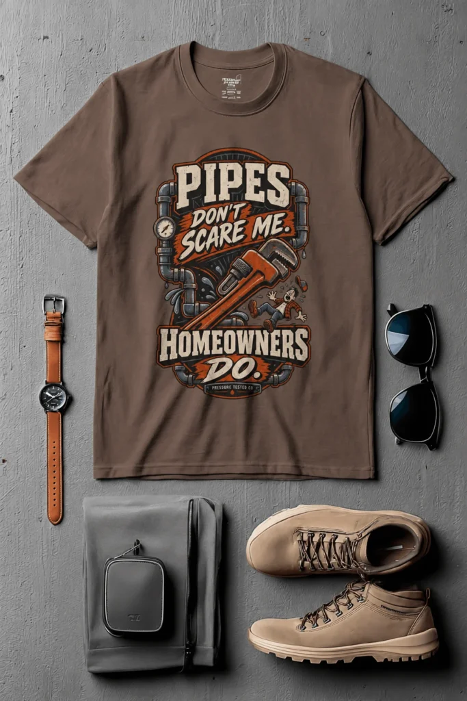 Plumber Humor T-Shirt — “Pipes Don't Scare Me, Homeowners Do” Graphic Pipe Tee — espresso t-shirt, flat-lay product photo | Pressure Tested Co