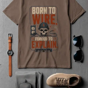 Electrician T-Shirt — "Born to Wire, Forced to Explain" Vintage Skull Tee — espresso t-shirt, flat-lay product photo | Pressure Tested Co
