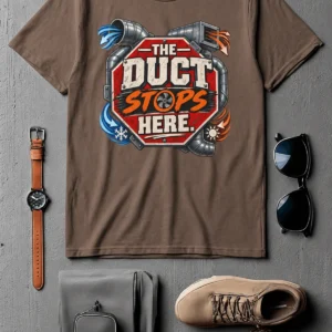 The Duct Stops Here T-Shirt — HVAC Technician Funny Logo Tee — espresso t-shirt, flat-lay product photo | Pressure Tested Co