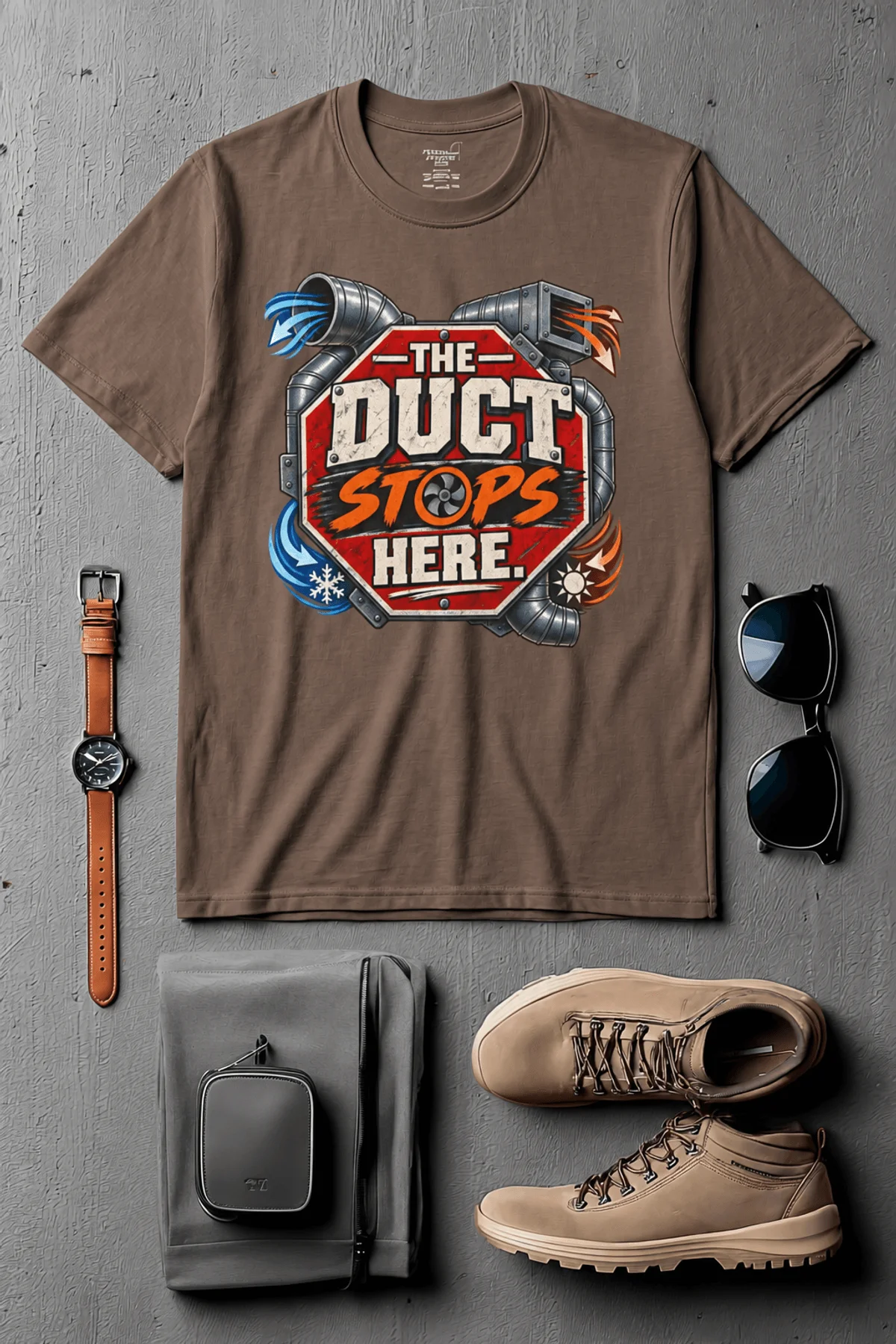 The Duct Stops Here T-Shirt — HVAC Technician Funny Logo Tee — espresso t-shirt, flat-lay product photo | Pressure Tested Co