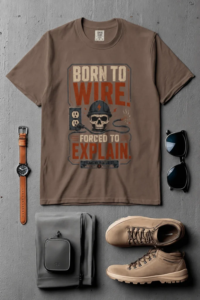 Electrician T-Shirt — "Born to Wire, Forced to Explain" Vintage Skull Tee — espresso t-shirt, flat-lay product photo | Pressure Tested Co