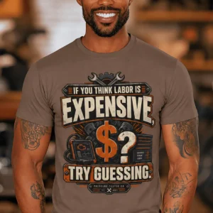 Sarcastic T-Shirt — "If You Think Labor Is Expensive, Try Guessing" Vintage Trades Tee — espresso t-shirt, model photo | Pressure Tested Co