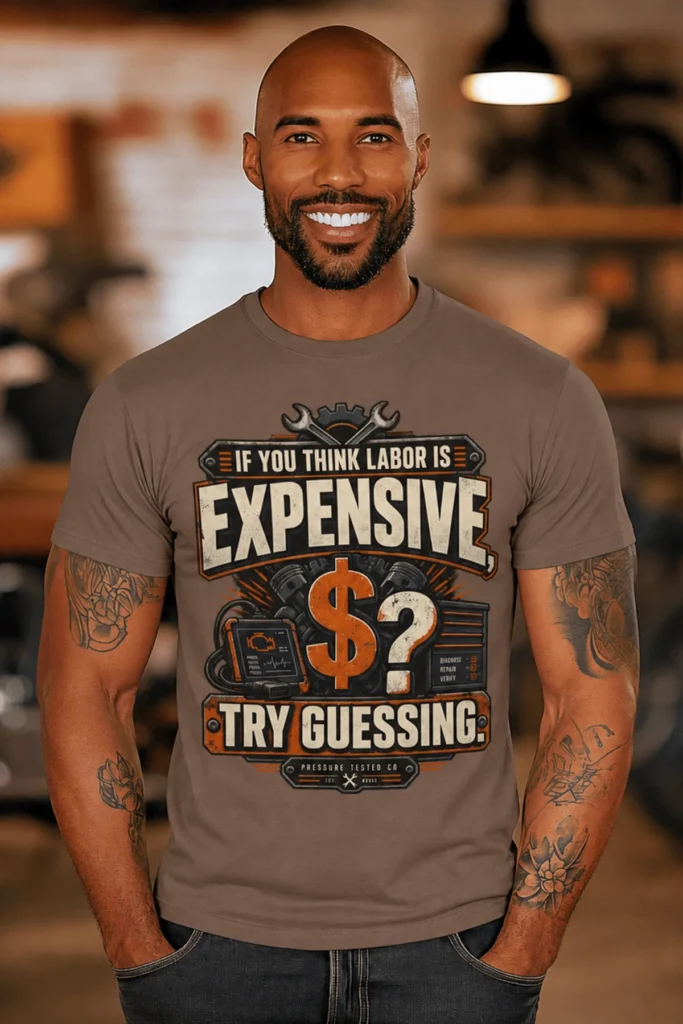Sarcastic T-Shirt — "If You Think Labor Is Expensive, Try Guessing" Vintage Trades Tee — espresso t-shirt, model photo | Pressure Tested Co