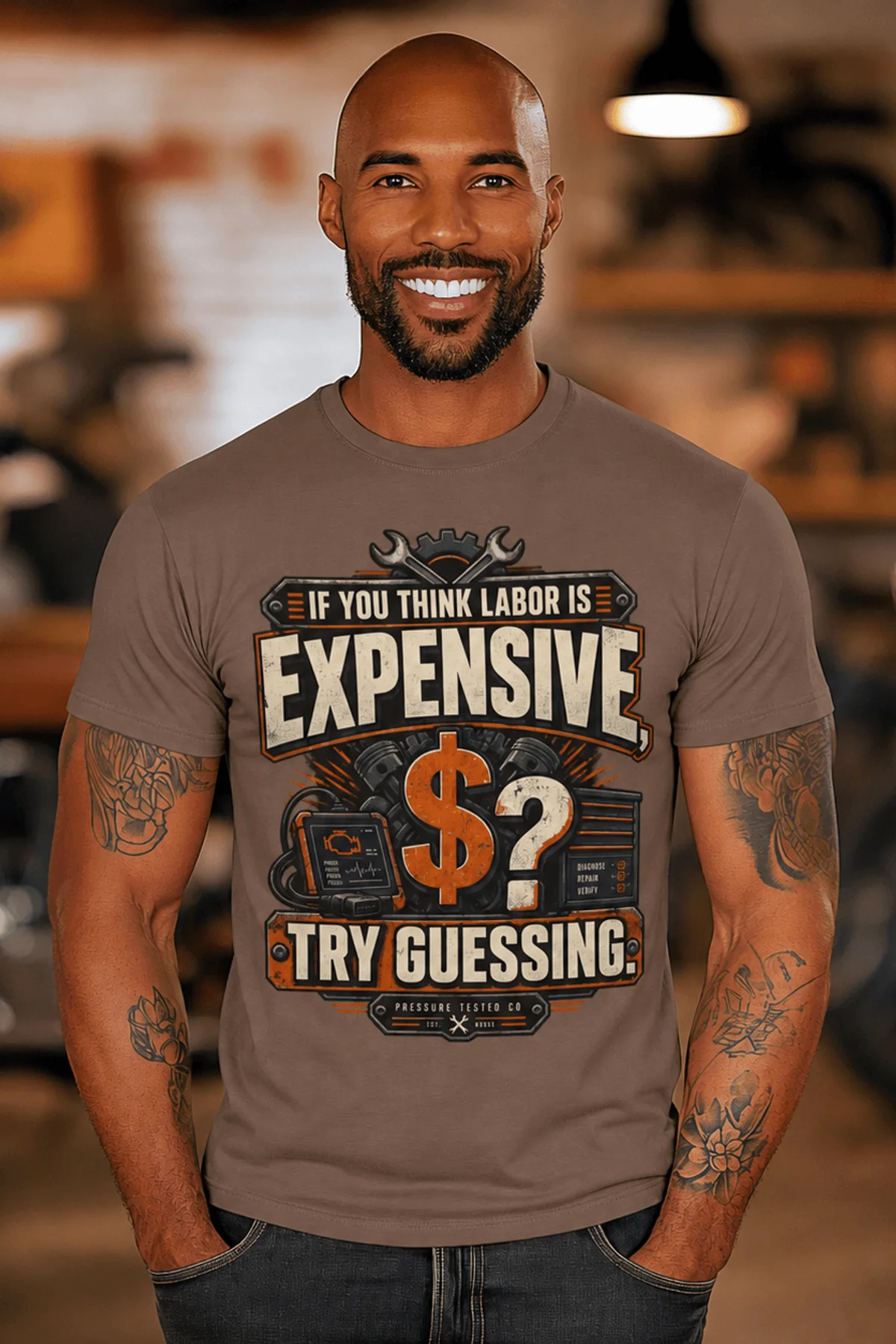 Sarcastic T-Shirt — "If You Think Labor Is Expensive, Try Guessing" Vintage Trades Tee — espresso t-shirt, model photo | Pressure Tested Co