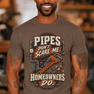 Plumber Humor T-Shirt — “Pipes Don't Scare Me, Homeowners Do” Graphic Pipe Tee — espresso t-shirt, model photo | Pressure Tested Co
