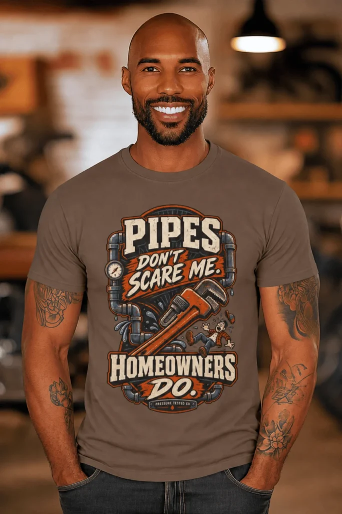 Plumber Humor T-Shirt — “Pipes Don't Scare Me, Homeowners Do” Graphic Pipe Tee — espresso t-shirt, model photo | Pressure Tested Co