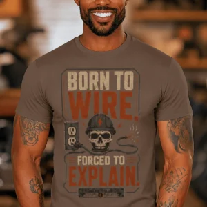 Electrician T-Shirt — "Born to Wire, Forced to Explain" Vintage Skull Tee — espresso t-shirt, model photo | Pressure Tested Co