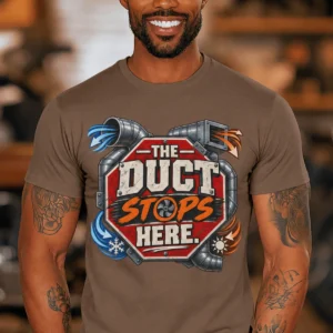 The Duct Stops Here T-Shirt — HVAC Technician Funny Logo Tee — espresso t-shirt, model photo | Pressure Tested Co