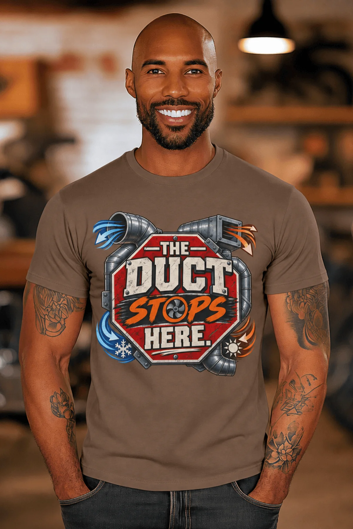 The Duct Stops Here T-Shirt — HVAC Technician Funny Logo Tee — espresso t-shirt, model photo | Pressure Tested Co