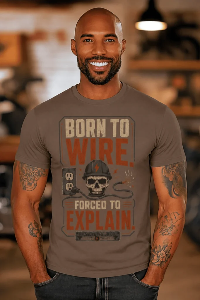 Electrician T-Shirt — "Born to Wire, Forced to Explain" Vintage Skull Tee — espresso t-shirt, model photo | Pressure Tested Co