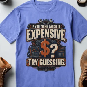 Sarcastic T-Shirt — "If You Think Labor Is Expensive, Try Guessing" Vintage Trades Tee — flo-blue t-shirt, flat-lay product photo | Pressure Tested Co
