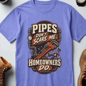 Plumber Humor T-Shirt — “Pipes Don't Scare Me, Homeowners Do” Graphic Pipe Tee — flo-blue t-shirt, flat-lay product photo | Pressure Tested Co