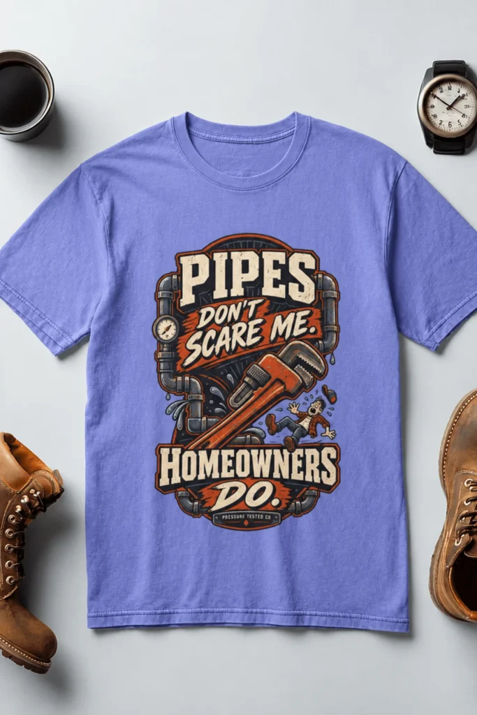 Plumber Humor T-Shirt — “Pipes Don't Scare Me, Homeowners Do” Graphic Pipe Tee — flo-blue t-shirt, flat-lay product photo | Pressure Tested Co