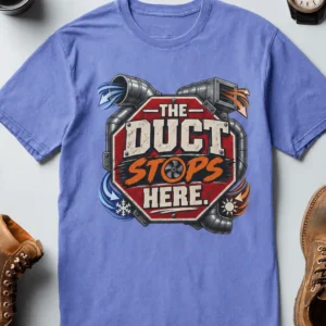 The Duct Stops Here T-Shirt — HVAC Technician Funny Logo Tee — flo-blue t-shirt, flat-lay product photo | Pressure Tested Co