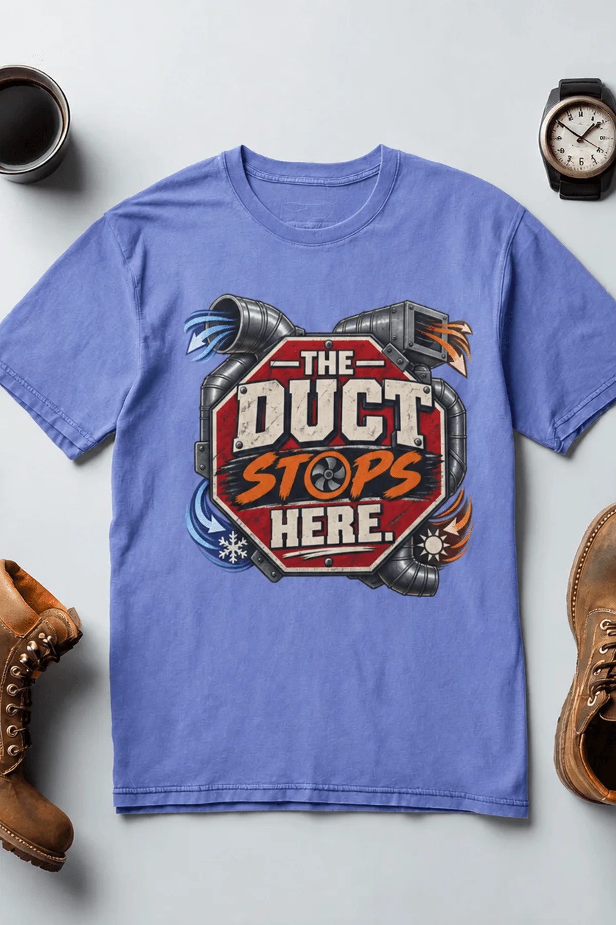The Duct Stops Here T-Shirt — HVAC Technician Funny Logo Tee — flo-blue t-shirt, flat-lay product photo | Pressure Tested Co