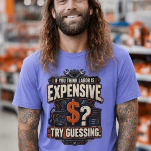 Sarcastic T-Shirt — "If You Think Labor Is Expensive, Try Guessing" Vintage Trades Tee — flo-blue t-shirt, model photo | Pressure Tested Co