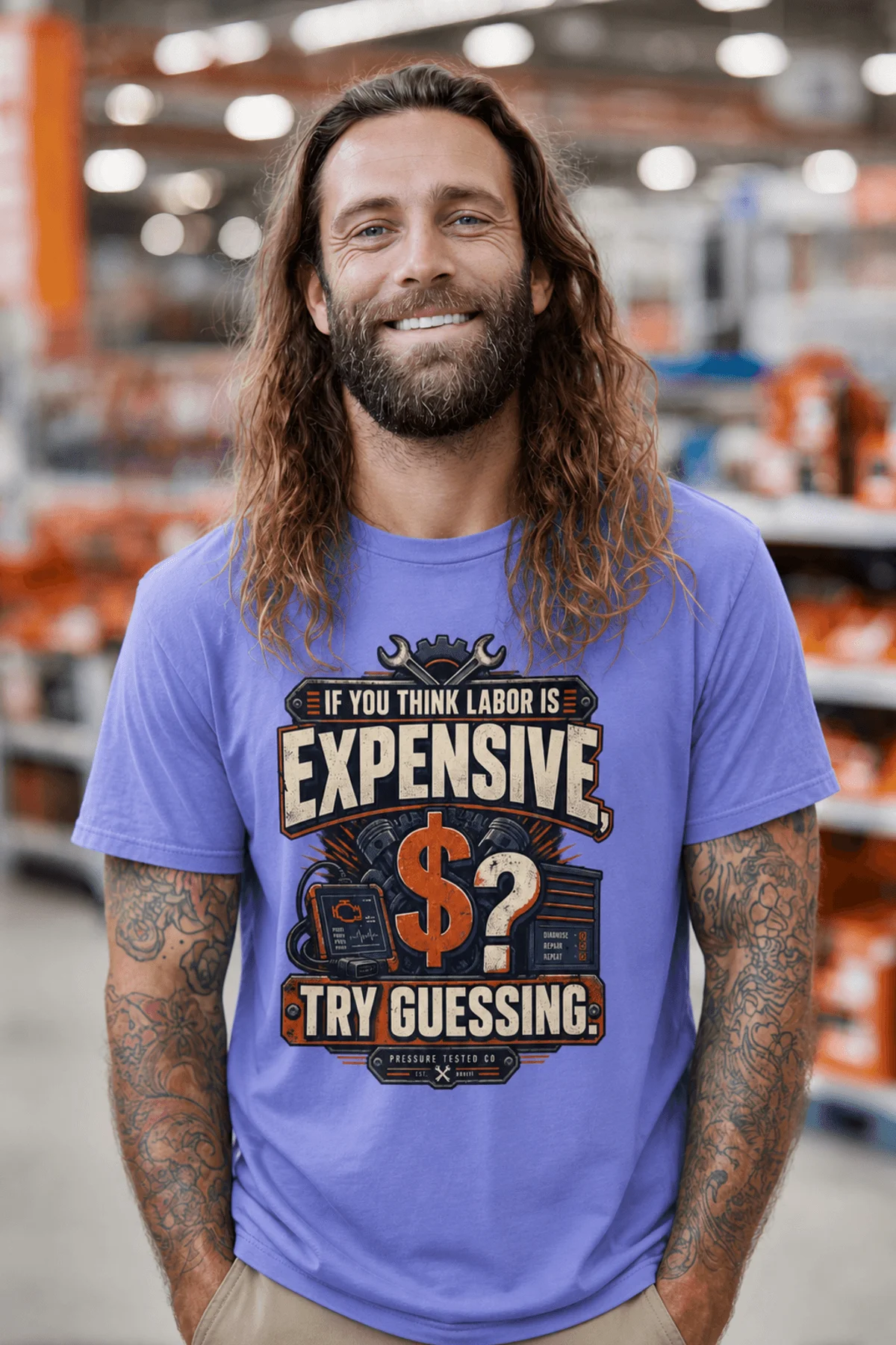 Sarcastic T-Shirt — "If You Think Labor Is Expensive, Try Guessing" Vintage Trades Tee — flo-blue t-shirt, model photo | Pressure Tested Co