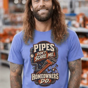 Plumber Humor T-Shirt — “Pipes Don't Scare Me, Homeowners Do” Graphic Pipe Tee — flo-blue t-shirt, model photo | Pressure Tested Co