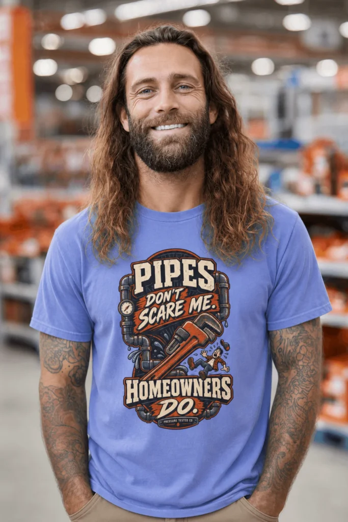 Plumber Humor T-Shirt — “Pipes Don't Scare Me, Homeowners Do” Graphic Pipe Tee — flo-blue t-shirt, model photo | Pressure Tested Co
