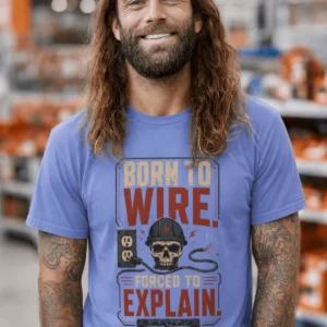 Electrician T-Shirt — "Born to Wire, Forced to Explain" Vintage Skull Tee — flo-blue t-shirt, model photo | Pressure Tested Co