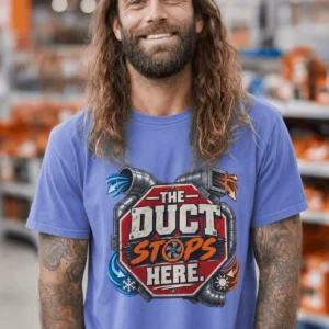 The Duct Stops Here T-Shirt — HVAC Technician Funny Logo Tee — flo-blue t-shirt, model photo | Pressure Tested Co