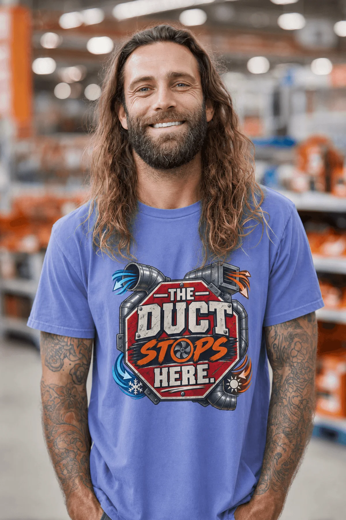 The Duct Stops Here T-Shirt — HVAC Technician Funny Logo Tee — flo-blue t-shirt, model photo | Pressure Tested Co