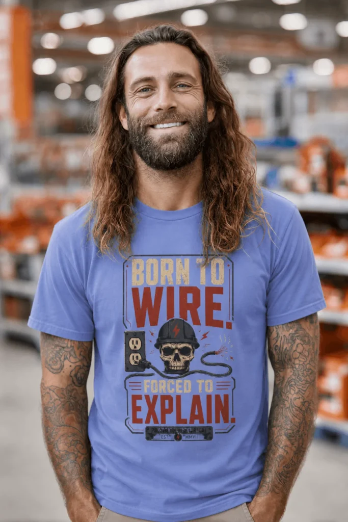Electrician T-Shirt — "Born to Wire, Forced to Explain" Vintage Skull Tee — flo-blue t-shirt, model photo | Pressure Tested Co
