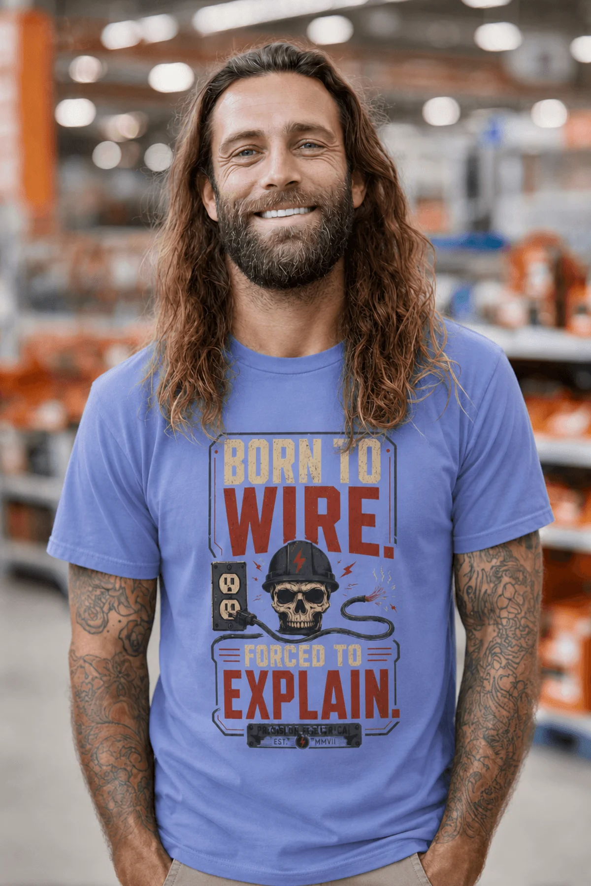 Electrician T-Shirt — "Born to Wire, Forced to Explain" Vintage Skull Tee — flo-blue t-shirt, model photo | Pressure Tested Co