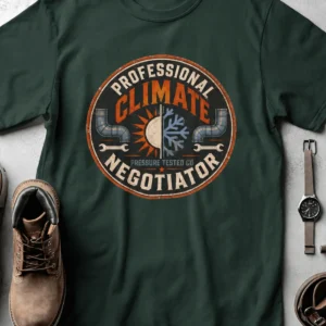 Funny HVAC Shirt, "Professional Climate Negotiator" T-Shirt – HVAC Service Tech Badge Design — forest t-shirt, flat-lay product photo | Pressure Tested Co