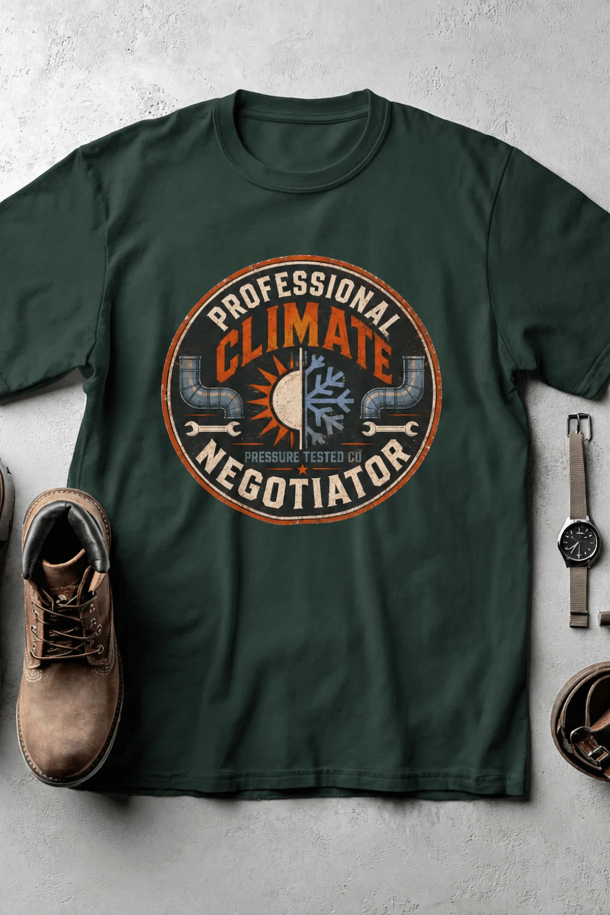 Funny HVAC Shirt, "Professional Climate Negotiator" T-Shirt – HVAC Service Tech Badge Design — forest t-shirt, flat-lay product photo | Pressure Tested Co
