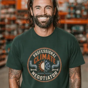 Funny HVAC Shirt, "Professional Climate Negotiator" T-Shirt – HVAC Service Tech Badge Design — forest t-shirt, model photo | Pressure Tested Co