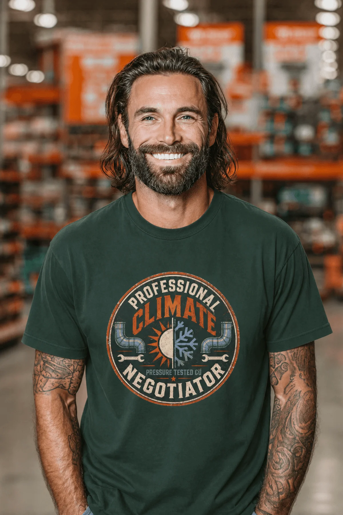 Funny HVAC Shirt, "Professional Climate Negotiator" T-Shirt – HVAC Service Tech Badge Design — forest t-shirt, model photo | Pressure Tested Co