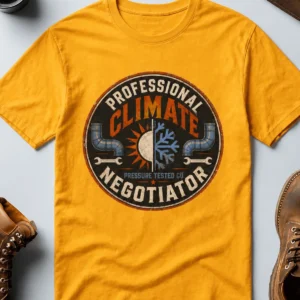 Funny HVAC Shirt, "Professional Climate Negotiator" T-Shirt – HVAC Service Tech Badge Design — gold t-shirt, flat-lay product photo | Pressure Tested Co