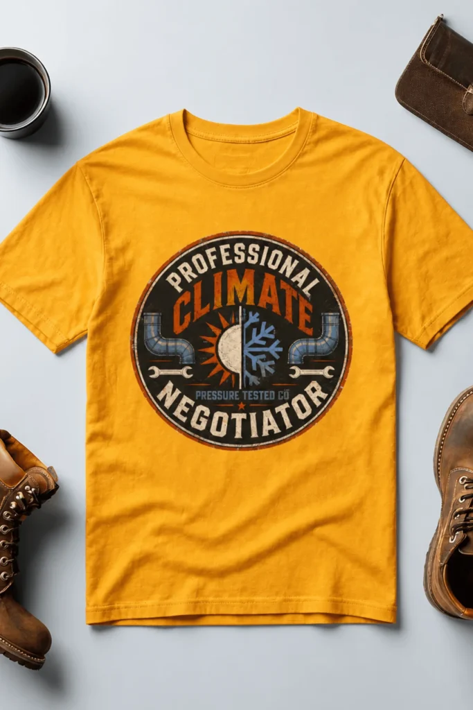 Funny HVAC Shirt, "Professional Climate Negotiator" T-Shirt – HVAC Service Tech Badge Design — gold t-shirt, flat-lay product photo | Pressure Tested Co