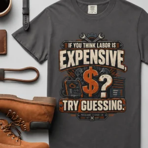 Sarcastic T-Shirt — "If You Think Labor Is Expensive, Try Guessing" Vintage Trades Tee — graphite t-shirt, flat-lay product photo | Pressure Tested Co