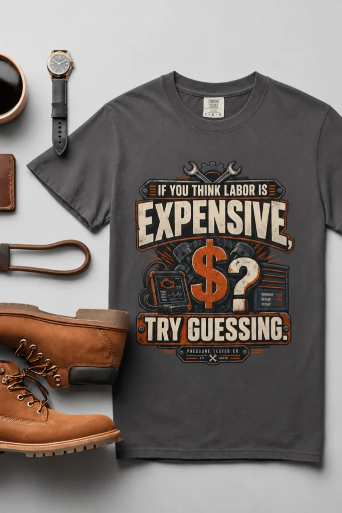 Sarcastic T-Shirt — "If You Think Labor Is Expensive, Try Guessing" Vintage Trades Tee — graphite t-shirt, flat-lay product photo | Pressure Tested Co