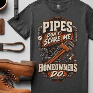 Plumber Humor T-Shirt — “Pipes Don't Scare Me, Homeowners Do” Graphic Pipe Tee — graphite t-shirt, flat-lay product photo | Pressure Tested Co