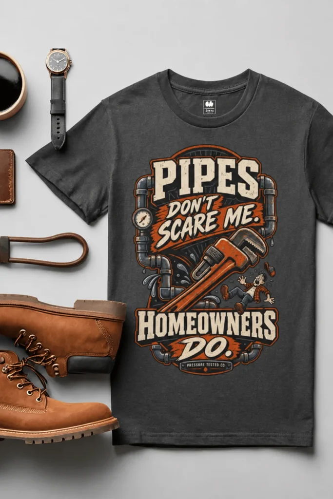 Plumber Humor T-Shirt — “Pipes Don't Scare Me, Homeowners Do” Graphic Pipe Tee — graphite t-shirt, flat-lay product photo | Pressure Tested Co