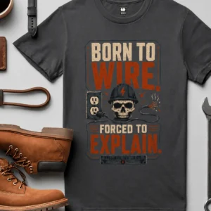 Electrician T-Shirt — "Born to Wire, Forced to Explain" Vintage Skull Tee — graphite t-shirt, flat-lay product photo | Pressure Tested Co