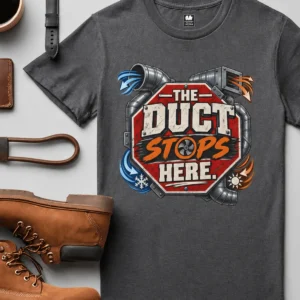 The Duct Stops Here T-Shirt — HVAC Technician Funny Logo Tee — graphite t-shirt, flat-lay product photo | Pressure Tested Co