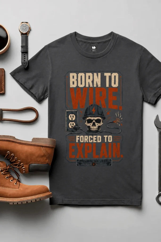 Electrician T-Shirt — "Born to Wire, Forced to Explain" Vintage Skull Tee — graphite t-shirt, flat-lay product photo | Pressure Tested Co