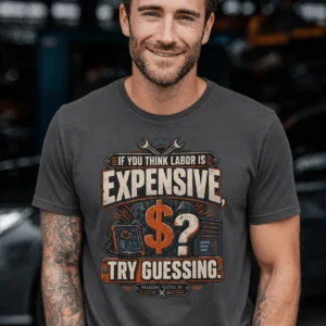 Sarcastic T-Shirt — "If You Think Labor Is Expensive, Try Guessing" Vintage Trades Tee — graphite t-shirt, model photo | Pressure Tested Co