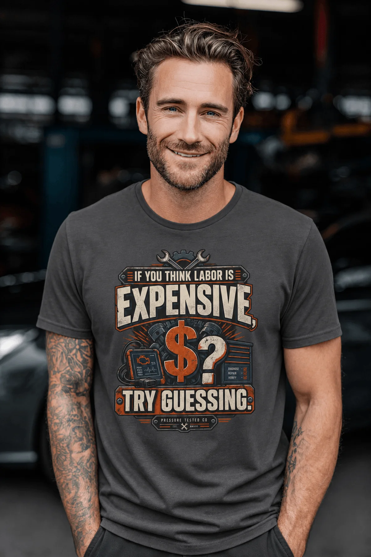 Sarcastic T-Shirt — "If You Think Labor Is Expensive, Try Guessing" Vintage Trades Tee — graphite t-shirt, model photo | Pressure Tested Co