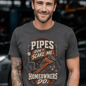 Plumber Humor T-Shirt — “Pipes Don't Scare Me, Homeowners Do” Graphic Pipe Tee — graphite t-shirt, model photo | Pressure Tested Co