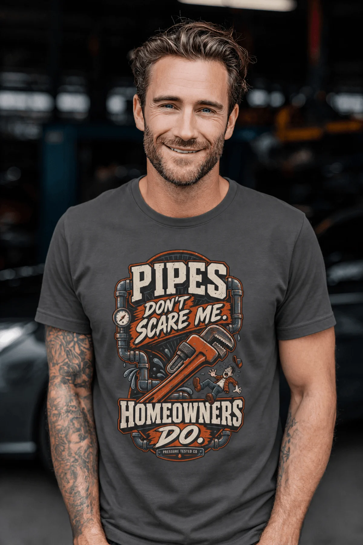 Plumber Humor T-Shirt — “Pipes Don't Scare Me, Homeowners Do” Graphic Pipe Tee — graphite t-shirt, model photo | Pressure Tested Co